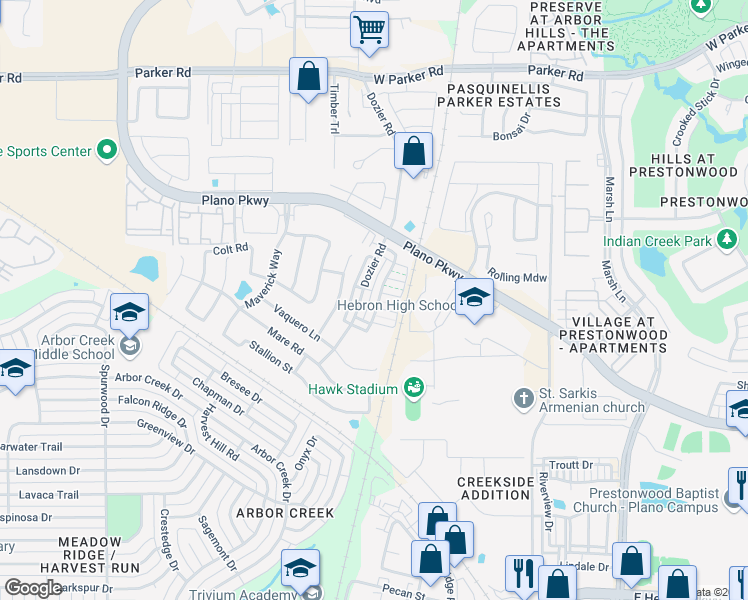map of restaurants, bars, coffee shops, grocery stores, and more near 4650 Rhett Lane in Carrollton