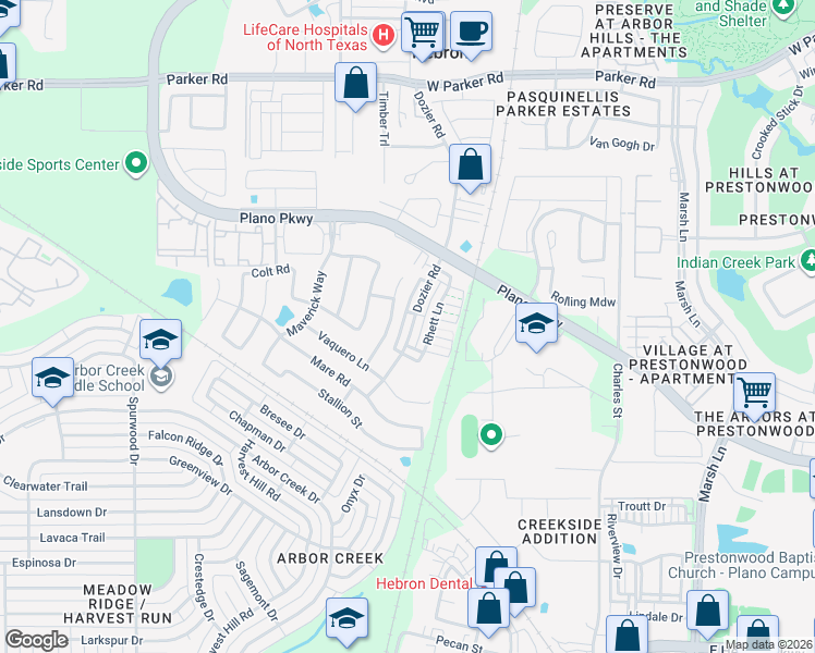 map of restaurants, bars, coffee shops, grocery stores, and more near 4661 Dozier Road in Carrollton