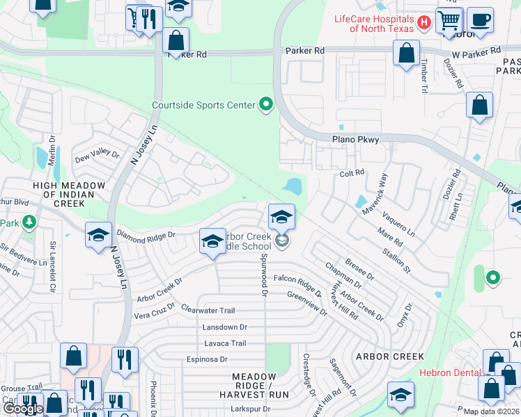 map of restaurants, bars, coffee shops, grocery stores, and more near 4502 Saddlebrook Drive in Carrollton
