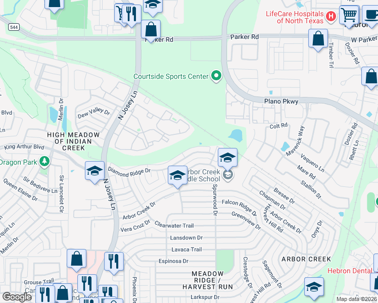 map of restaurants, bars, coffee shops, grocery stores, and more near 2029 Diamond Ridge Drive in Carrollton