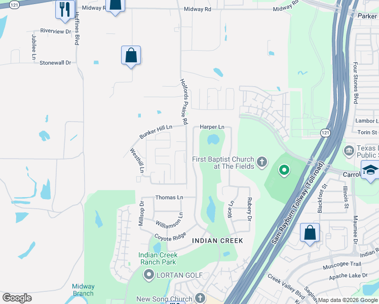 map of restaurants, bars, coffee shops, grocery stores, and more near 900 Holfords Prairie Road in Lewisville