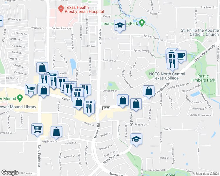 map of restaurants, bars, coffee shops, grocery stores, and more near 3734 Twin Oak Court in Flower Mound