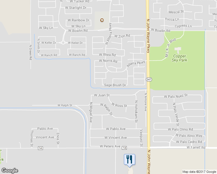 map of restaurants, bars, coffee shops, grocery stores, and more near 45249 Sage Brush Drive in Maricopa