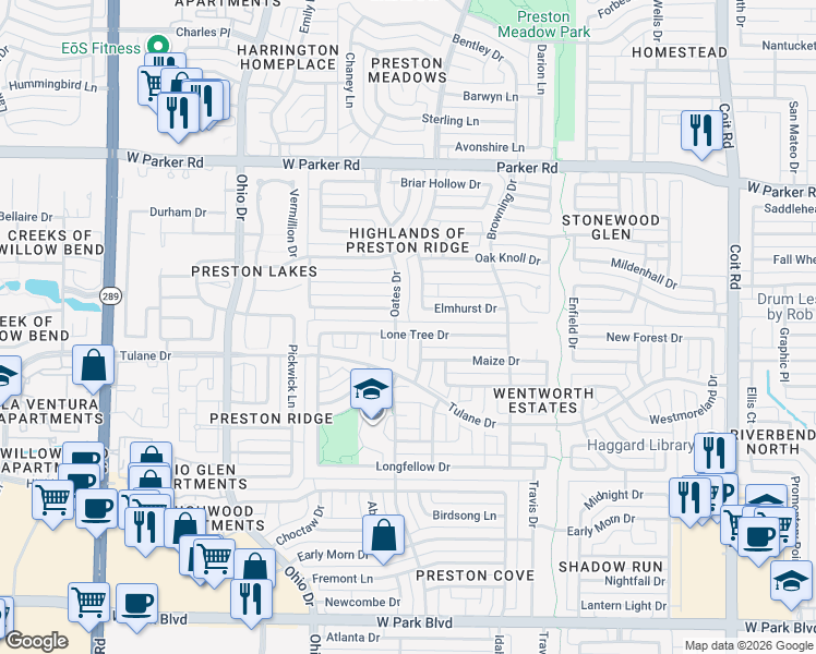 map of restaurants, bars, coffee shops, grocery stores, and more near 2716 Oates Drive in Plano
