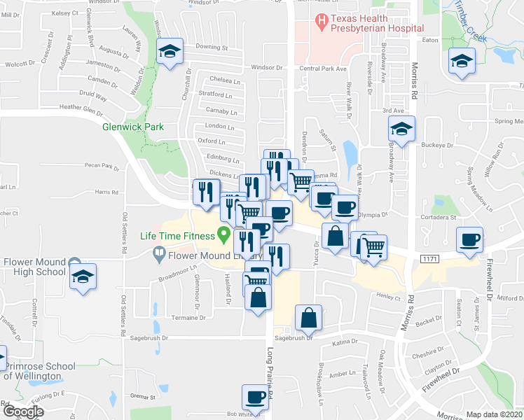 map of restaurants, bars, coffee shops, grocery stores, and more near 2701-2761 Farm to Market 1171 in Flower Mound