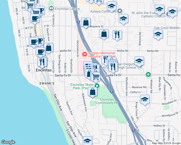 map of restaurants, bars, coffee shops, grocery stores, and more near 354 Santa Fe Drive in Encinitas