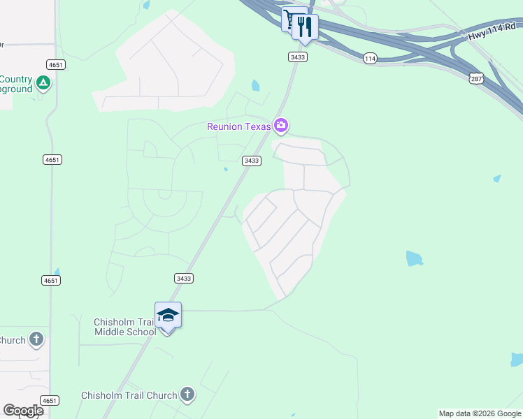 map of restaurants, bars, coffee shops, grocery stores, and more near Farm to Market Road 3433 in Rhome