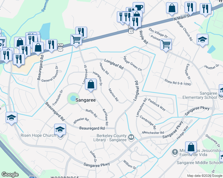 map of restaurants, bars, coffee shops, grocery stores, and more near 120 Marion Road in Summerville
