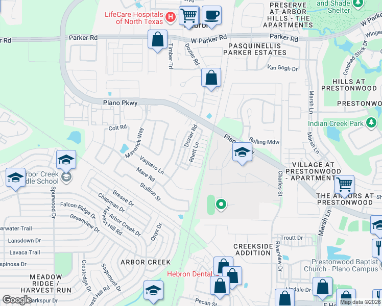 map of restaurants, bars, coffee shops, grocery stores, and more near 4650 Rhett Lane in Carrollton
