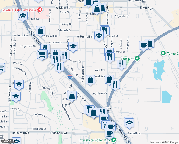 map of restaurants, bars, coffee shops, grocery stores, and more near 187 Harvard Avenue in Lewisville