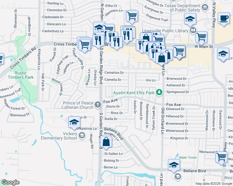 map of restaurants, bars, coffee shops, grocery stores, and more near 900 Elizabeth Drive in Lewisville