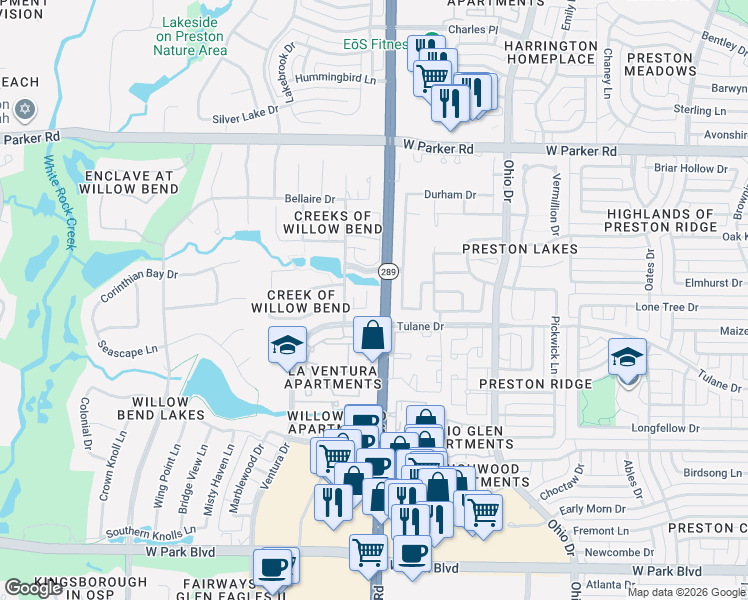 map of restaurants, bars, coffee shops, grocery stores, and more near 5004 Castle Creek Court in Plano