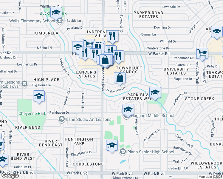 map of restaurants, bars, coffee shops, grocery stores, and more near 2824 Teakwood Lane in Plano