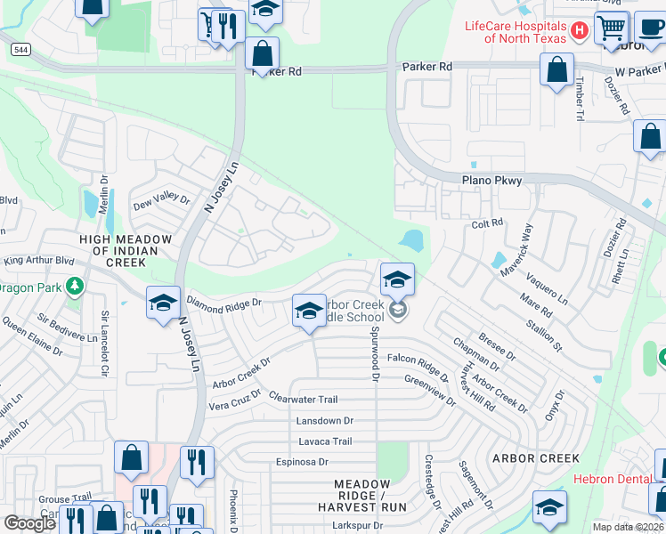 map of restaurants, bars, coffee shops, grocery stores, and more near 2021 Silverway Lane in Carrollton