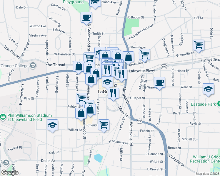 map of restaurants, bars, coffee shops, grocery stores, and more near in LaGrange
