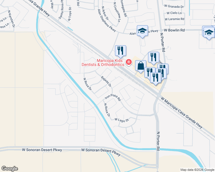 map of restaurants, bars, coffee shops, grocery stores, and more near 17321 North Cosa Street in Maricopa