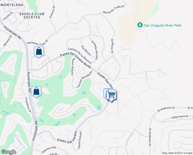 map of restaurants, bars, coffee shops, grocery stores, and more near 17765 Cumana Terrace in San Diego