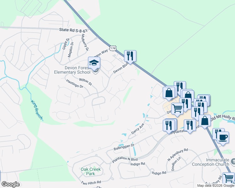 map of restaurants, bars, coffee shops, grocery stores, and more near 403 Ashburton Drive in Goose Creek