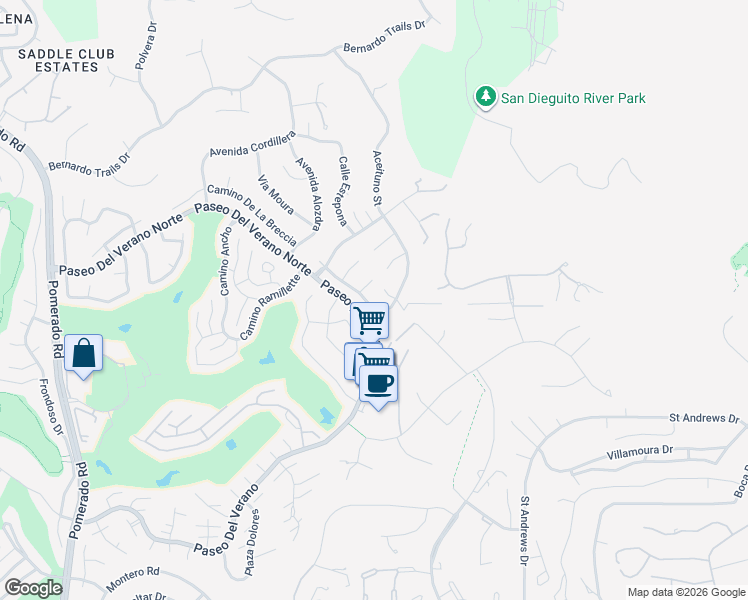 map of restaurants, bars, coffee shops, grocery stores, and more near 13060 Avenida Marbella in San Diego