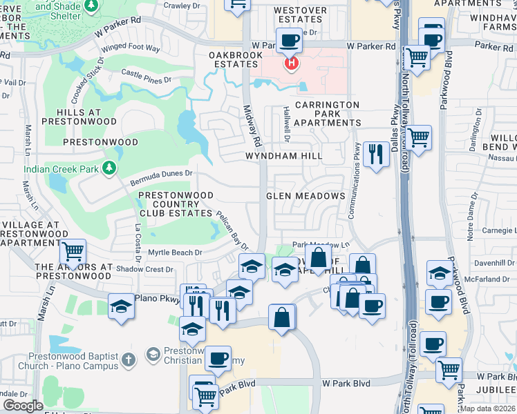 map of restaurants, bars, coffee shops, grocery stores, and more near 2516 Timber Cove Lane in Plano