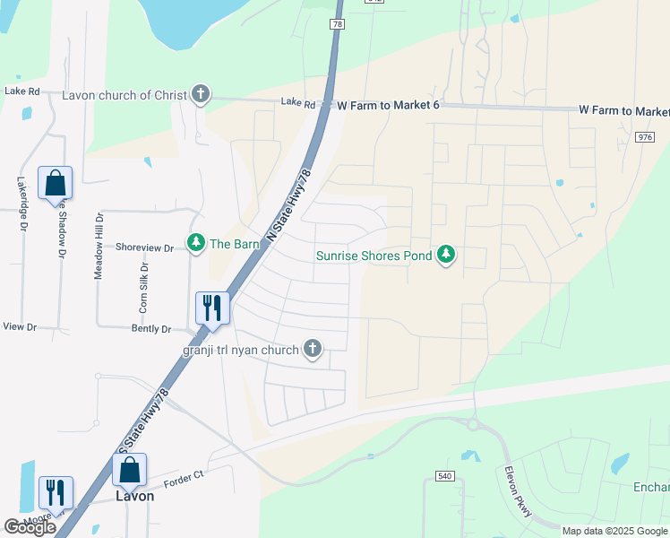 map of restaurants, bars, coffee shops, grocery stores, and more near 348 Brookview Drive in Lavon