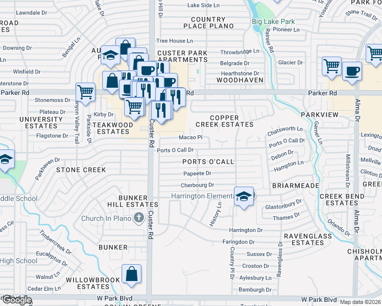 map of restaurants, bars, coffee shops, grocery stores, and more near 1912 Tampico Drive in Plano