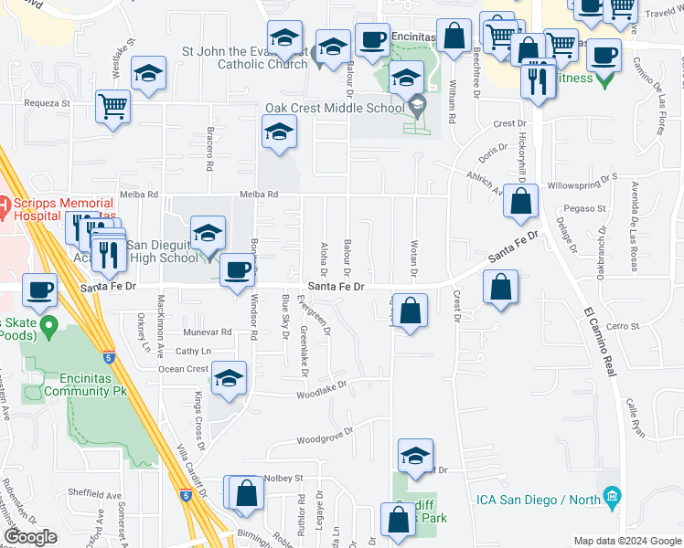 map of restaurants, bars, coffee shops, grocery stores, and more near 1170 Balour Drive in Encinitas