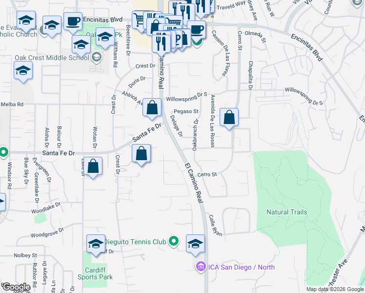map of restaurants, bars, coffee shops, grocery stores, and more near 805 Elmview Drive in Encinitas
