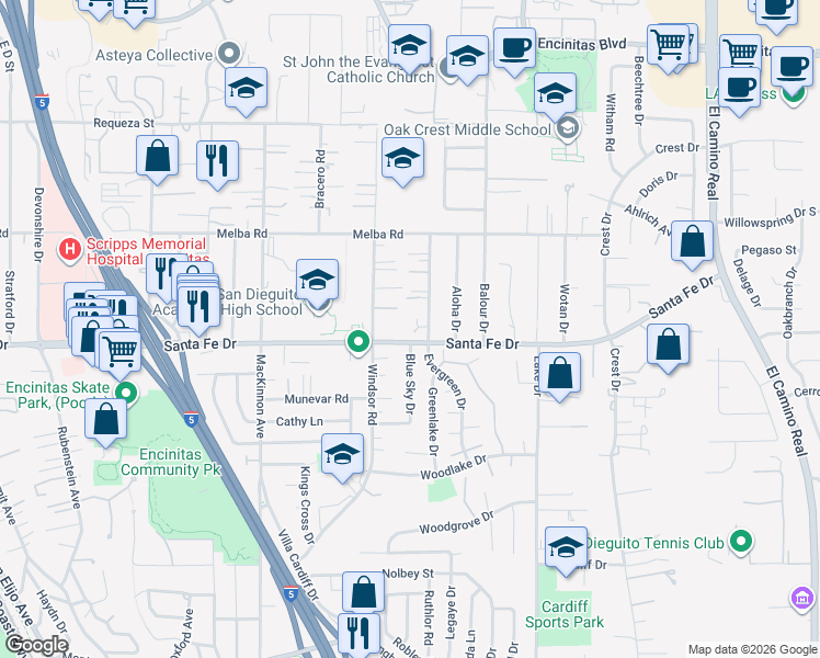 map of restaurants, bars, coffee shops, grocery stores, and more near 1168 Kava Court in Encinitas