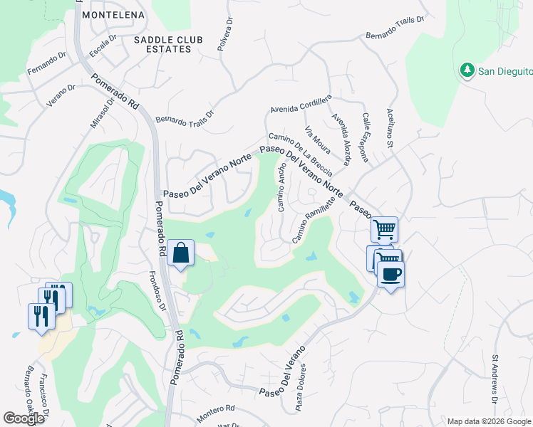 map of restaurants, bars, coffee shops, grocery stores, and more near 17636 Plaza Arica in San Diego