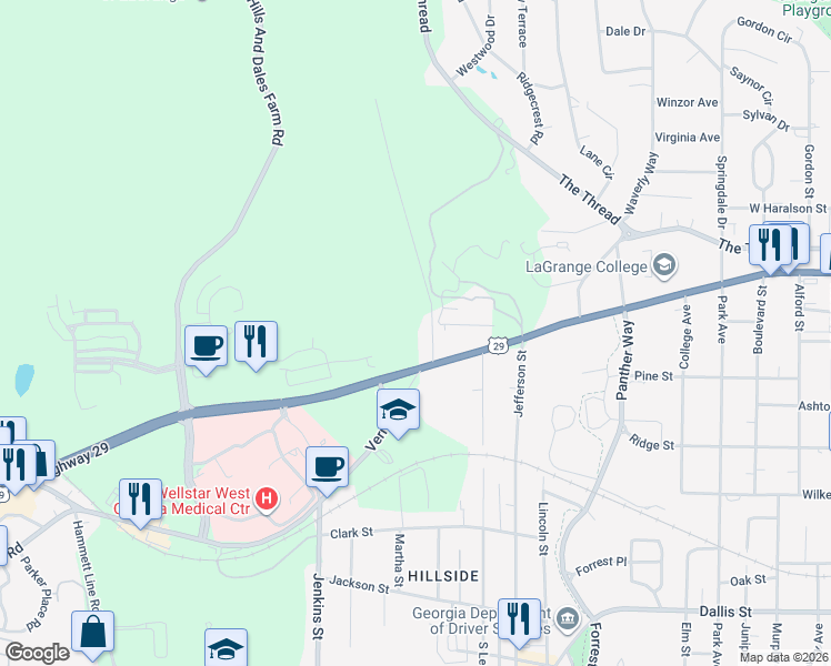 map of restaurants, bars, coffee shops, grocery stores, and more near 114 Ferrell Drive in LaGrange