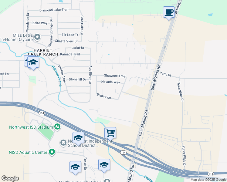 map of restaurants, bars, coffee shops, grocery stores, and more near 16125 Windsong Court in Justin