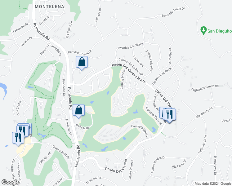map of restaurants, bars, coffee shops, grocery stores, and more near 17636 Plaza Arica in San Diego