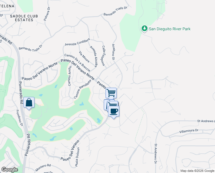 map of restaurants, bars, coffee shops, grocery stores, and more near 18204 Via Guadalmina in San Diego