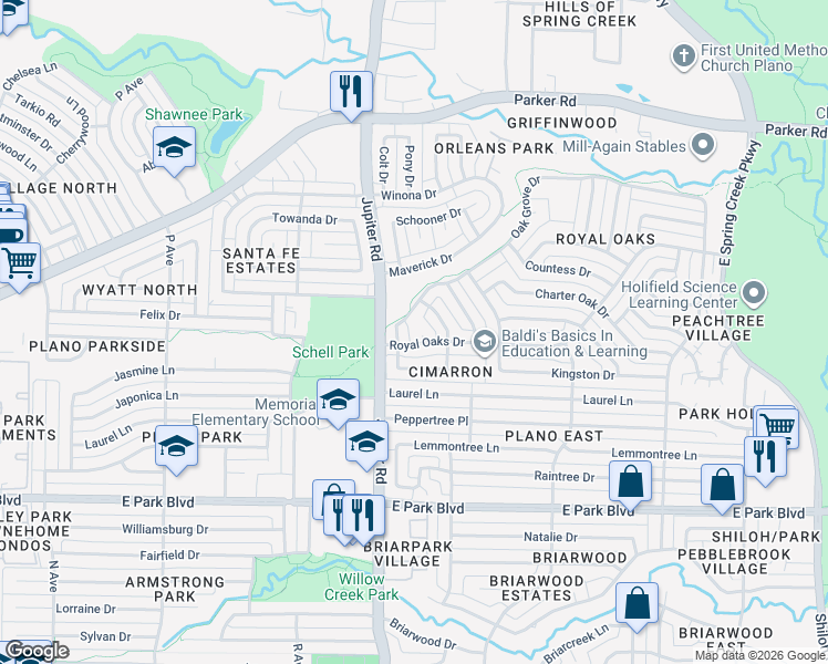 map of restaurants, bars, coffee shops, grocery stores, and more near 2905 Jesters Court in Plano