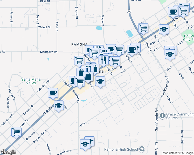 map of restaurants, bars, coffee shops, grocery stores, and more near in Ramona
