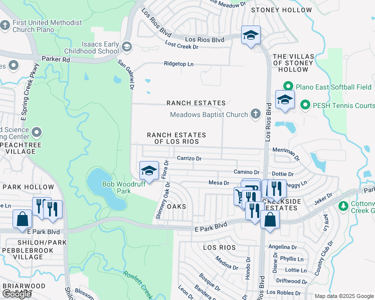 map of restaurants, bars, coffee shops, grocery stores, and more near 3917 Merriman Drive in Plano