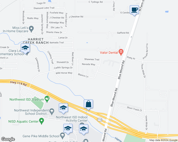 map of restaurants, bars, coffee shops, grocery stores, and more near 16120 Hollyhill Court in Justin