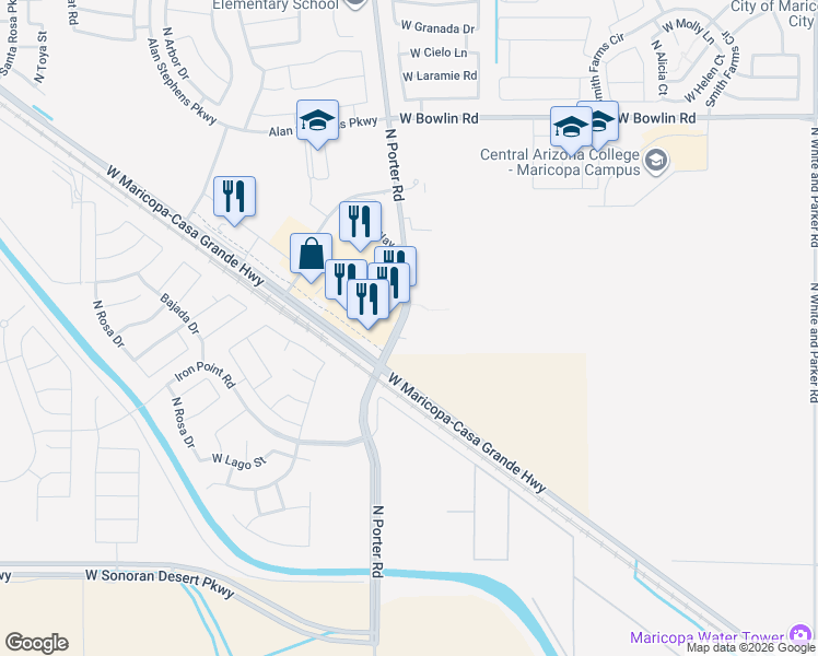 map of restaurants, bars, coffee shops, grocery stores, and more near 17485 North Porter Road in Maricopa