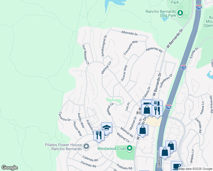 map of restaurants, bars, coffee shops, grocery stores, and more near 17926 Cassia Place in San Diego