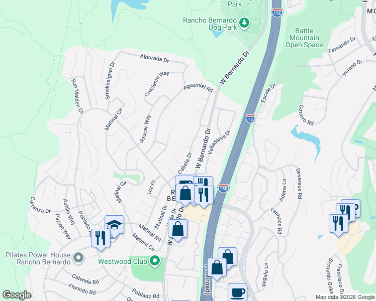 map of restaurants, bars, coffee shops, grocery stores, and more near 11456 Palito Court in San Diego
