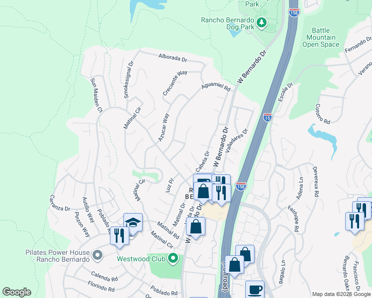 map of restaurants, bars, coffee shops, grocery stores, and more near 17818 Corazon Place in San Diego