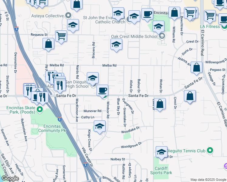 map of restaurants, bars, coffee shops, grocery stores, and more near 945 Windy Hill Terrace in Encinitas