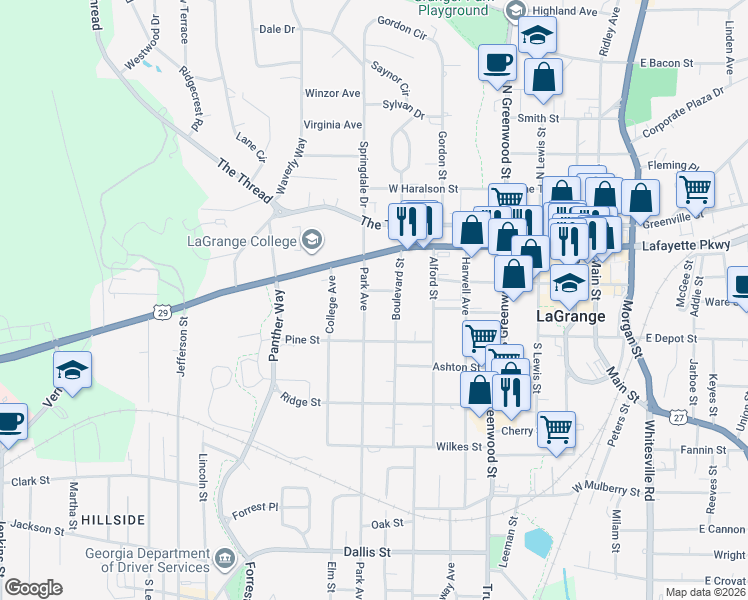 map of restaurants, bars, coffee shops, grocery stores, and more near 207 Park Avenue in LaGrange