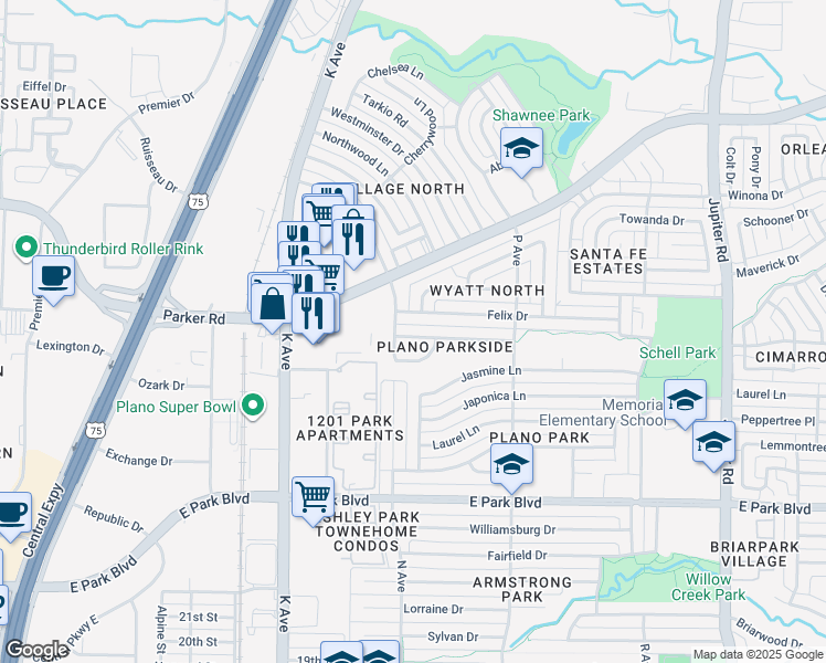 map of restaurants, bars, coffee shops, grocery stores, and more near 3012 N Avenue in Plano