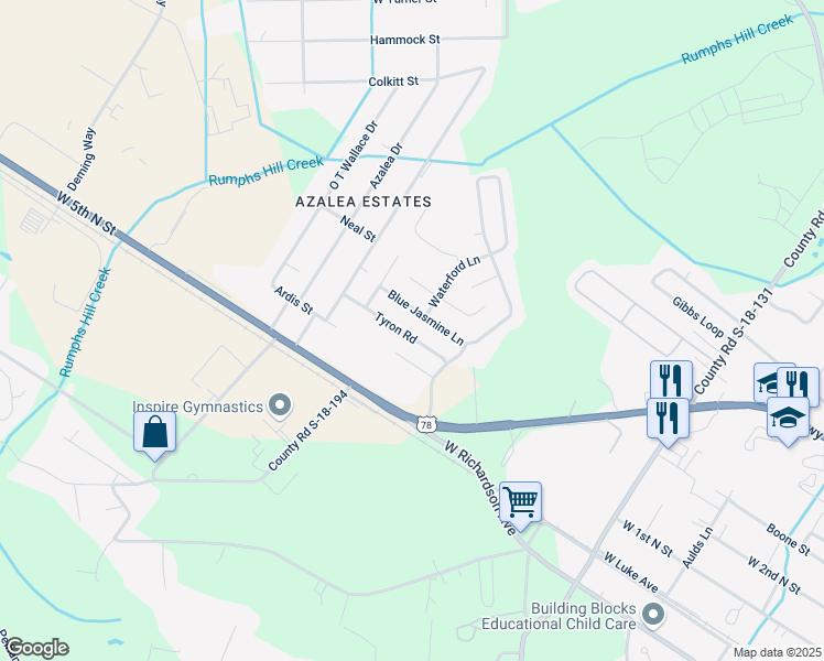 map of restaurants, bars, coffee shops, grocery stores, and more near 120 Tyron Road in Summerville