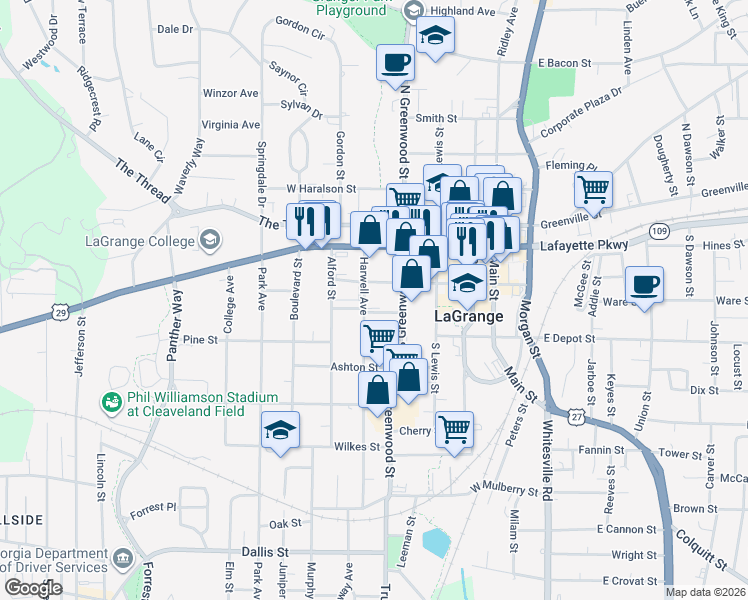 map of restaurants, bars, coffee shops, grocery stores, and more near 107 Harwell Avenue in LaGrange