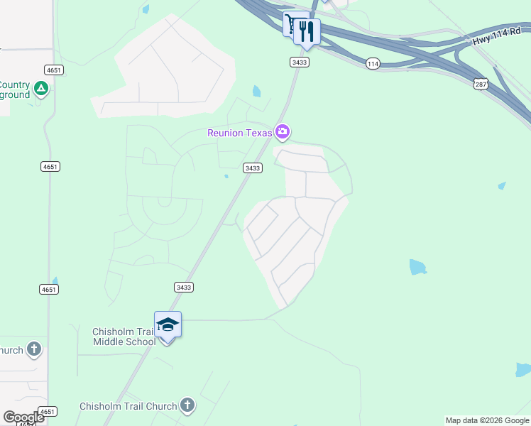 map of restaurants, bars, coffee shops, grocery stores, and more near Farm to Market Road 3433 in Rhome