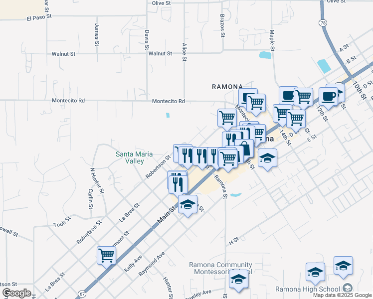 map of restaurants, bars, coffee shops, grocery stores, and more near Robertson Street in Ramona