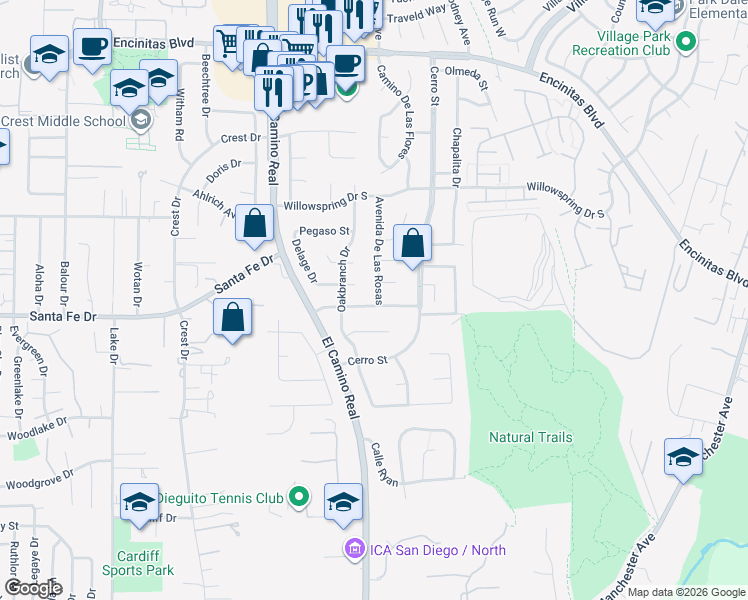map of restaurants, bars, coffee shops, grocery stores, and more near 498 Avenida De Las Rosas in Encinitas